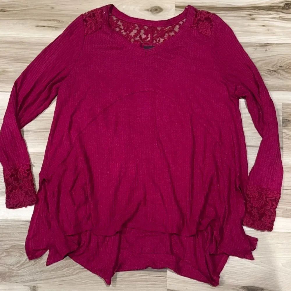 Torrid Maroon Waffle Knit Blouse Lace Details Women’s 0 Large